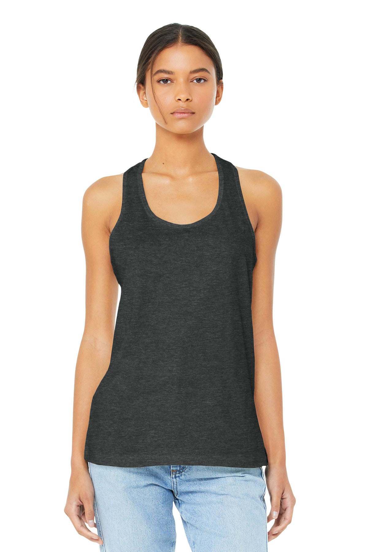 Front View of Dark Grey Ht BELLA+CANVAS Women's Jersey Racerback Tank. BC6008