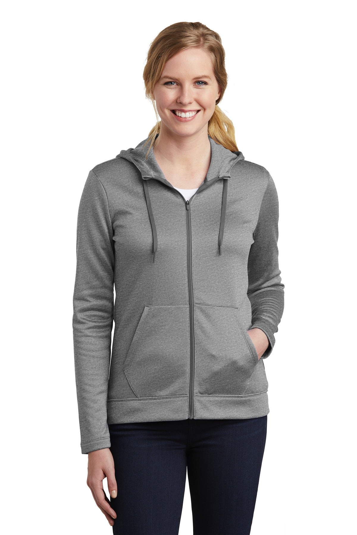 Front View of Dark Grey Hthr Nike Women's Therma-FIT Full-Zip Fleece Hoodie. NKAH6264