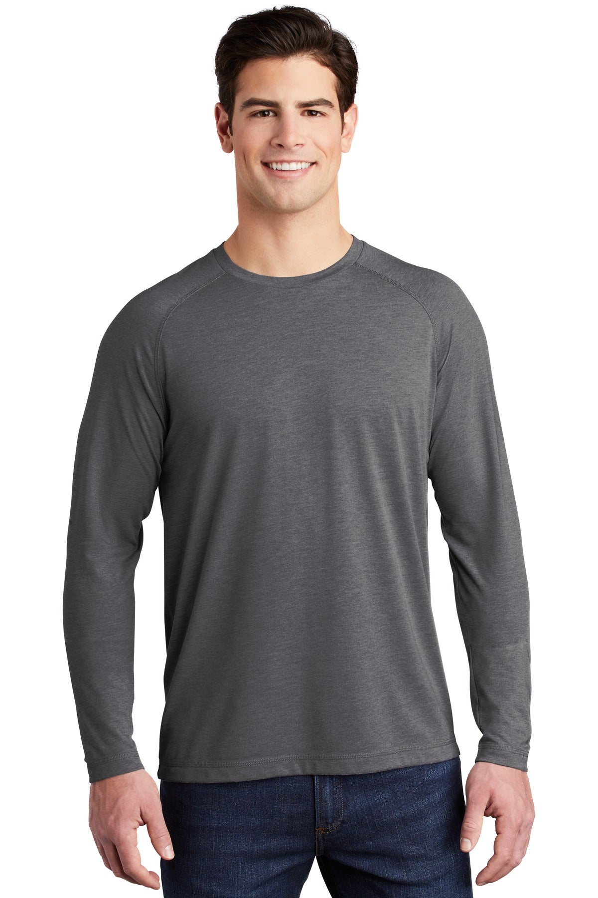 Front View of Dark Grey Hthr Sport-Tek PosiCharge Long Sleeve Tri-Blend Wicking Raglan Tee ST400LS