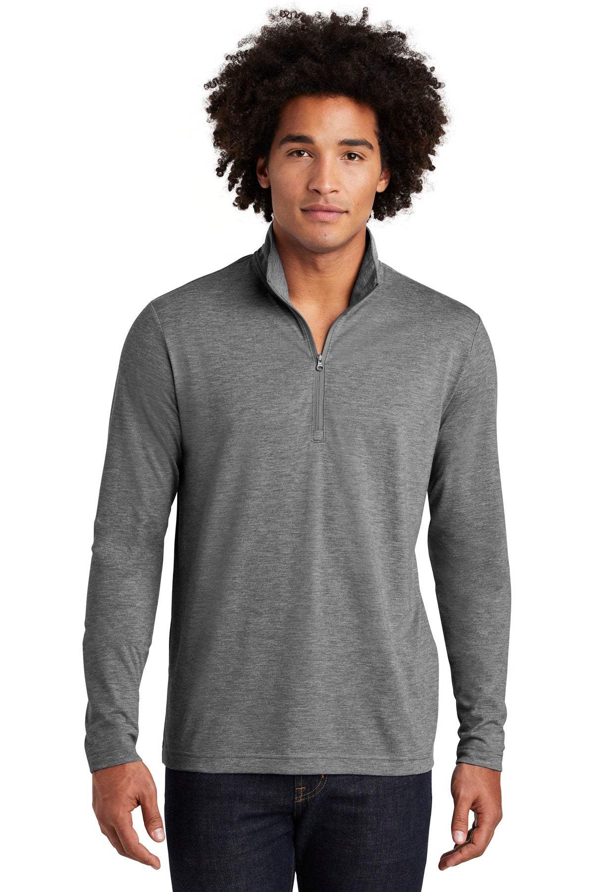 Front View of Dark Grey Hthr Sport-Tek PosiCharge Tri-Blend Wicking 1/4-Zip Pullover. ST407