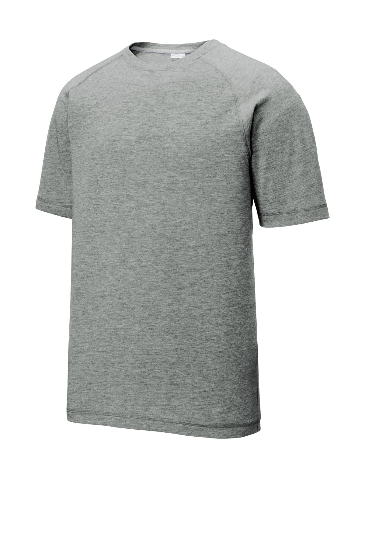 Front View of Dark Grey Hthr Sport-Tek PosiCharge Tri-Blend Wicking Raglan Tee. ST400