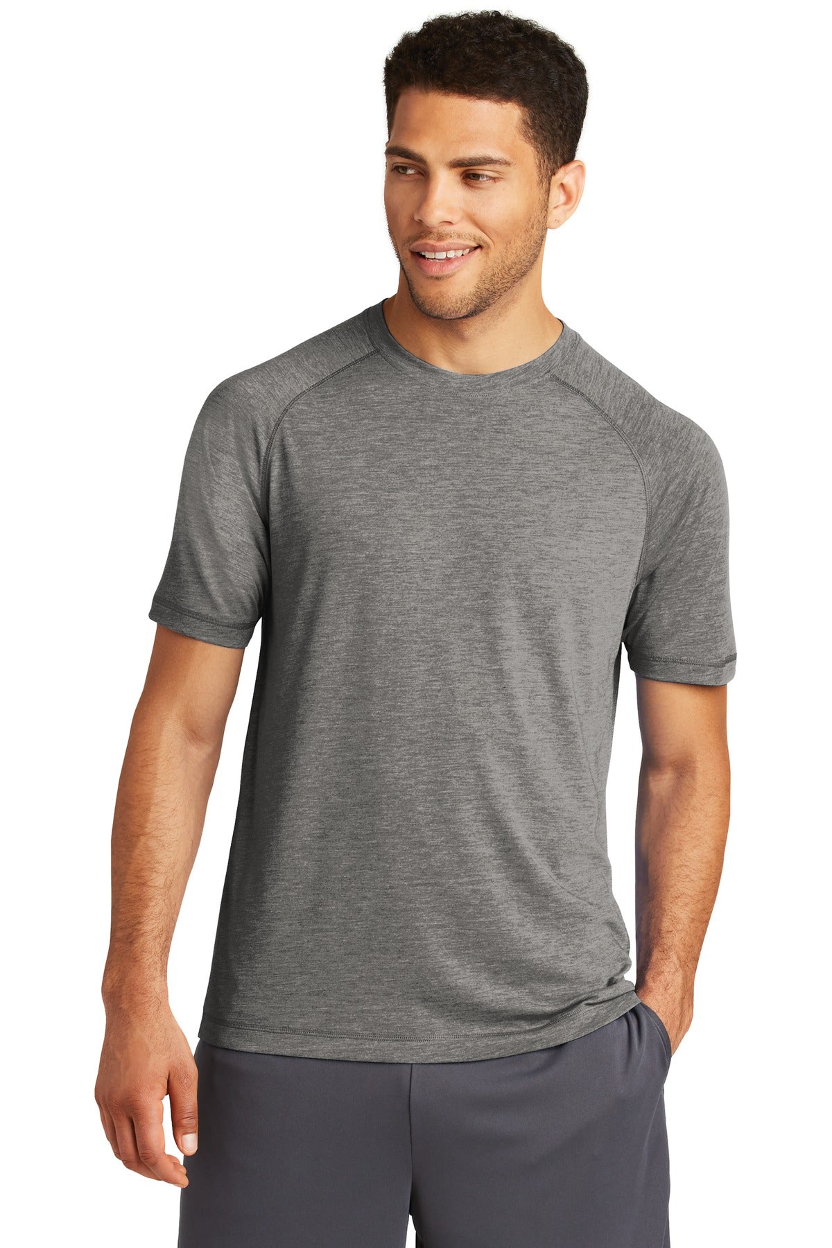 Front View of Dark Grey Hthr Sport-Tek PosiCharge Tri-Blend Wicking Raglan Tee. ST400