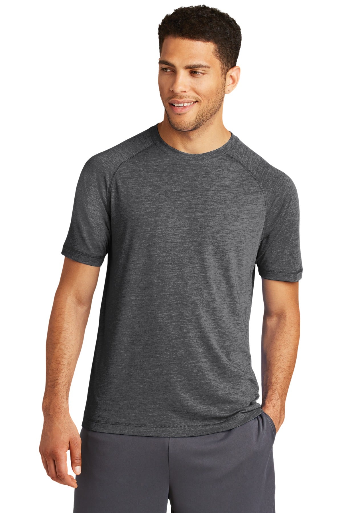 Front View of Dark Grey Hthr Sport-Tek PosiCharge Tri-Blend Wicking Raglan Tee. ST400