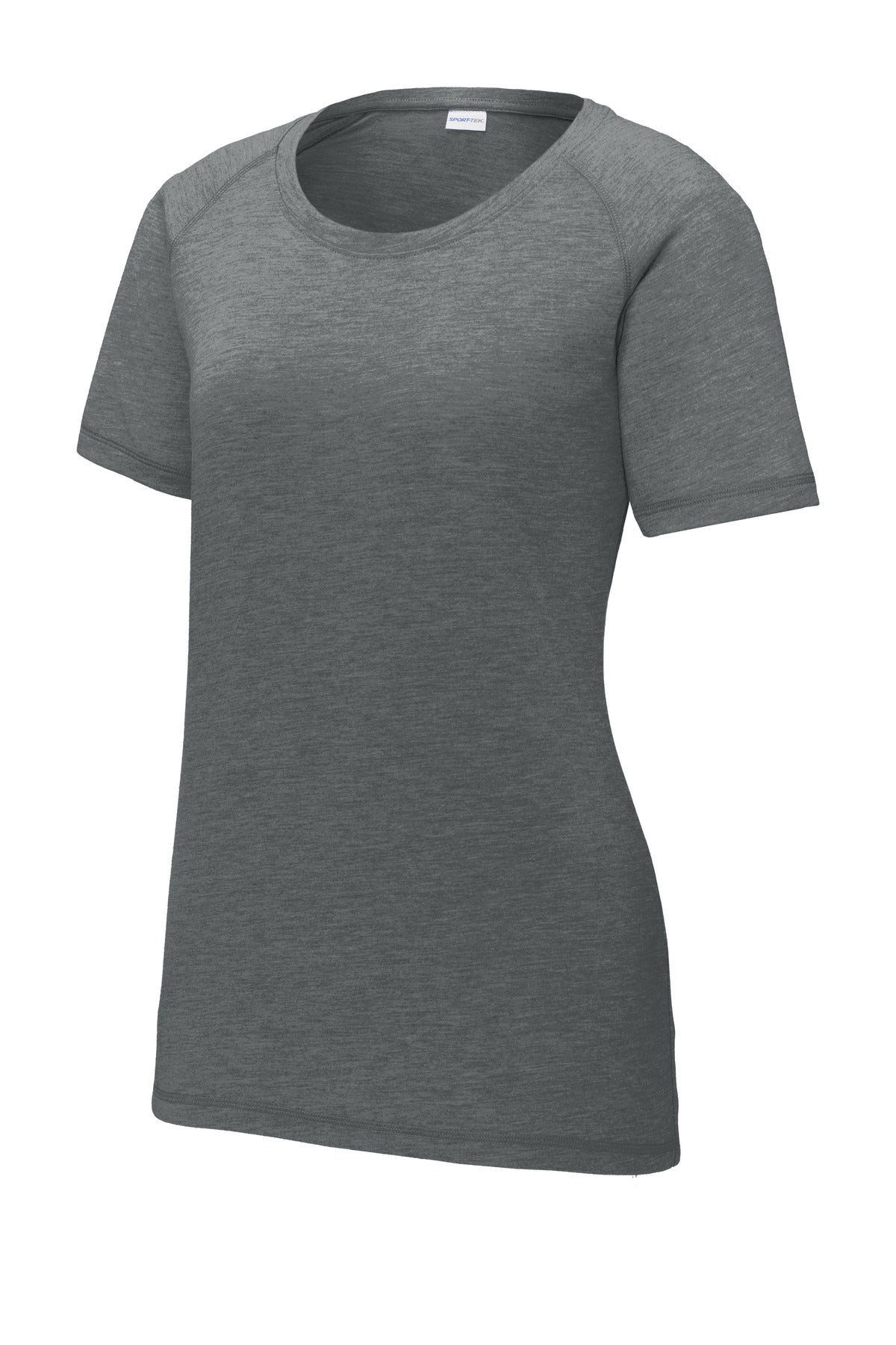 Front View of Dark Grey Hthr Sport-Tek Women's PosiCharge Tri-Blend Wicking Scoop Neck Raglan Tee. LST400