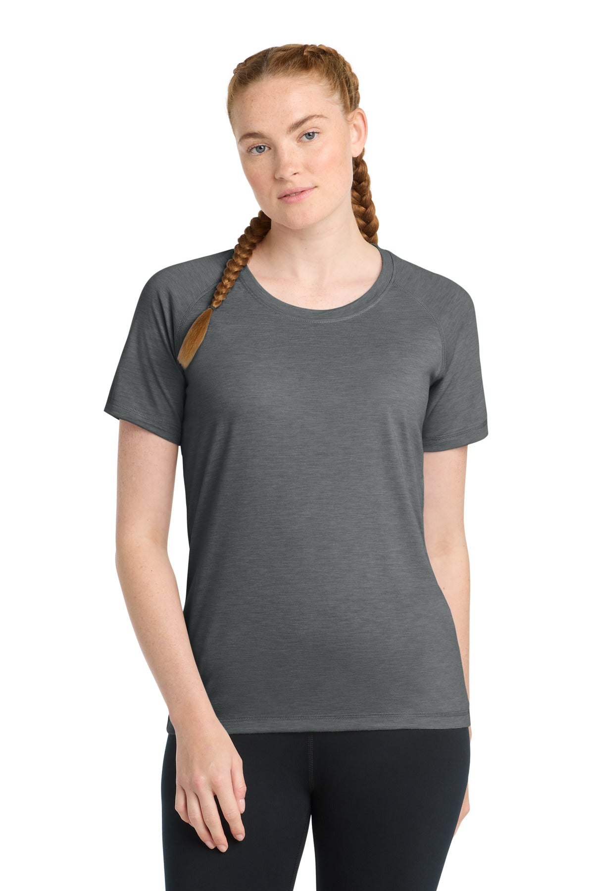 Front View of Dark Grey Hthr Sport-Tek Women's PosiCharge Tri-Blend Wicking Scoop Neck Raglan Tee. LST400