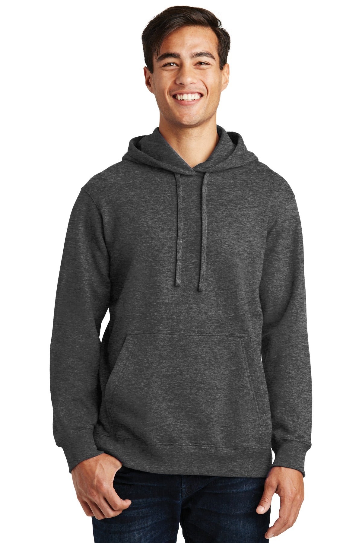 Front View of Dark Hthr Grey Port & Company Fan Favorite Fleece Pullover Hooded Sweatshirt. PC850H