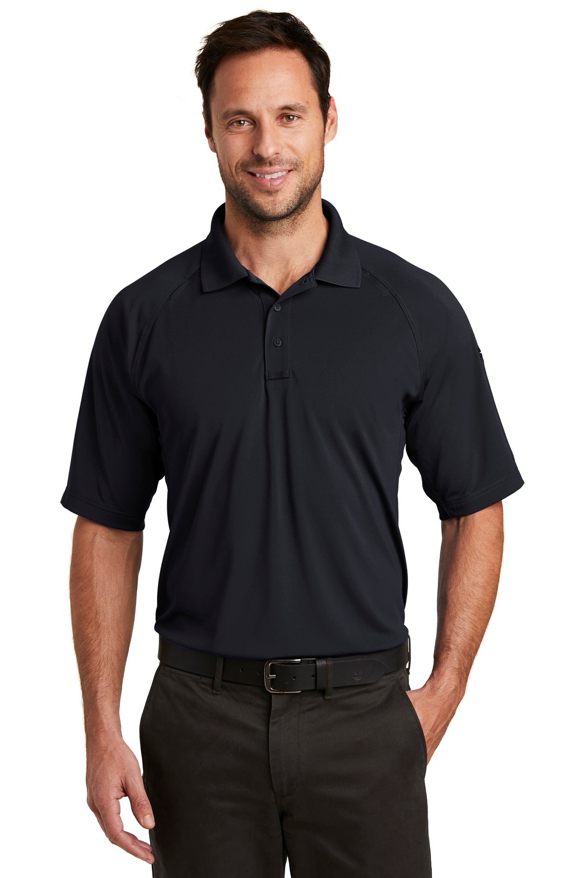 Front View of Dark Navy CornerStone Select Lightweight Snag-Proof Tactical Polo. CS420