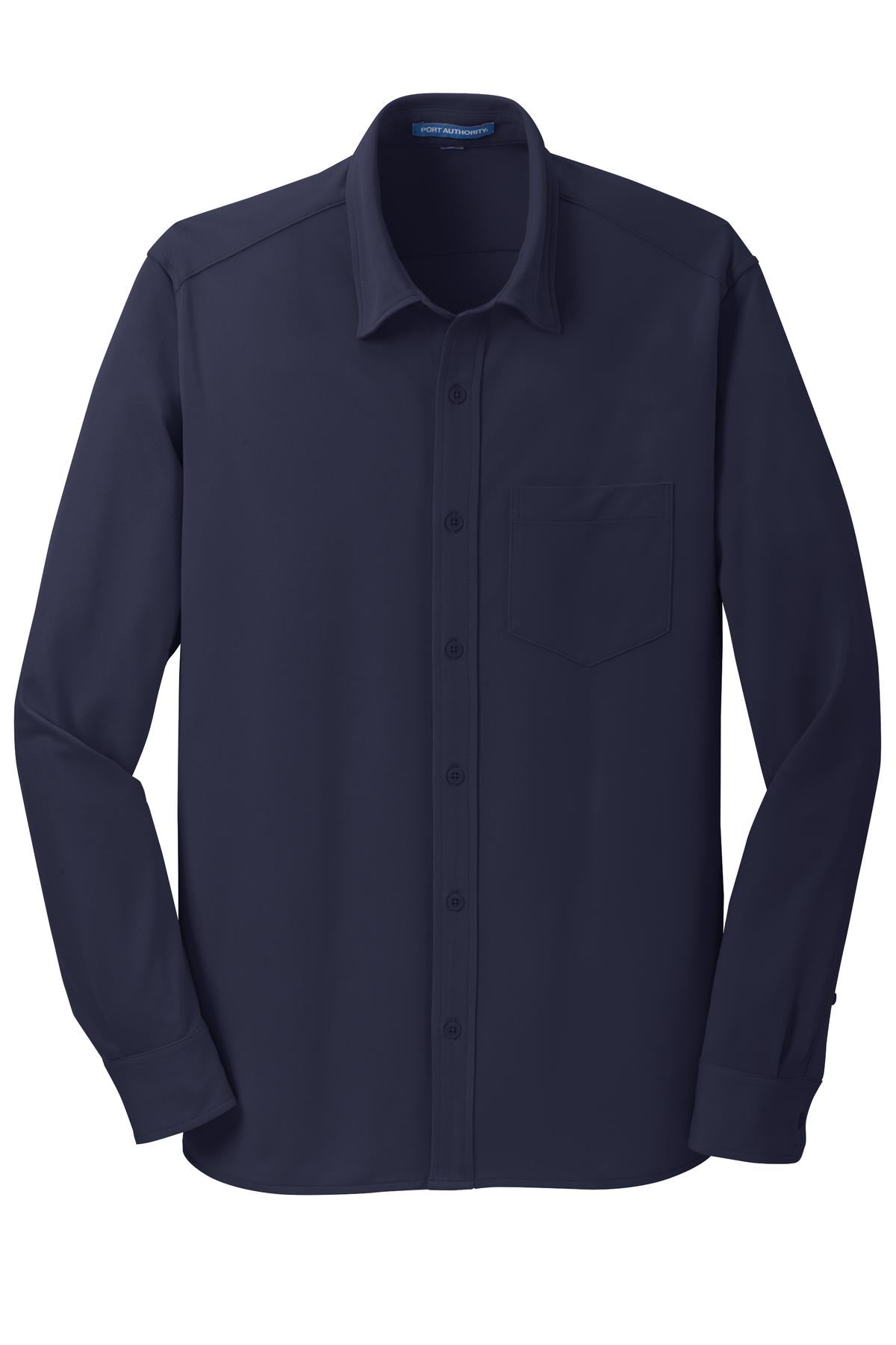 Front View of Dark Navy Port Authority Dimension Knit Dress Shirt. K570