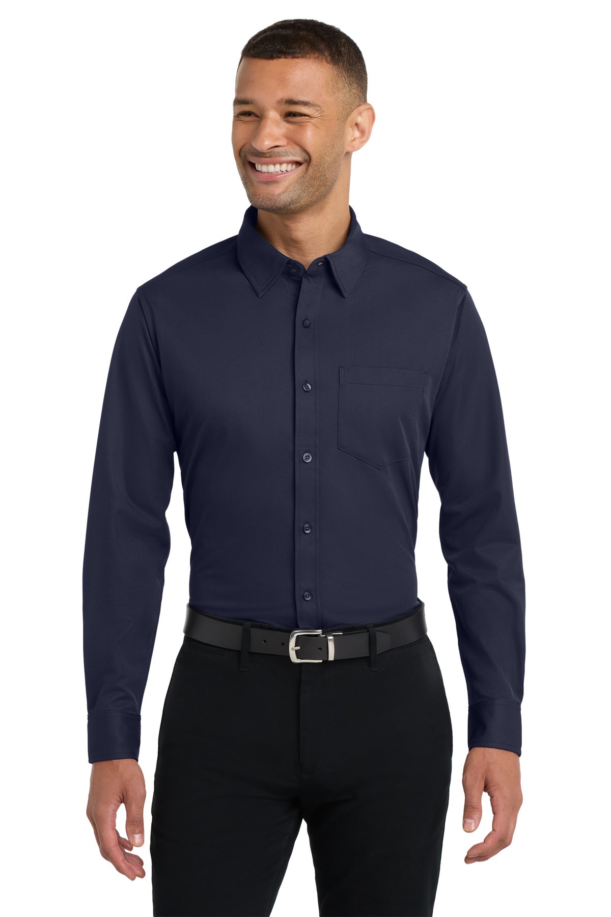 Front View of Dark Navy Port Authority Dimension Knit Dress Shirt. K570