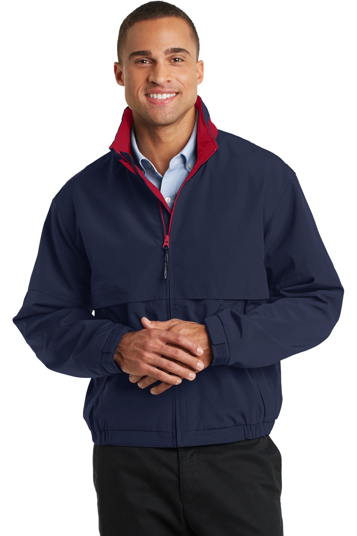 Front View of Dark Navy/Red Port Authority Legacy Jacket. J764