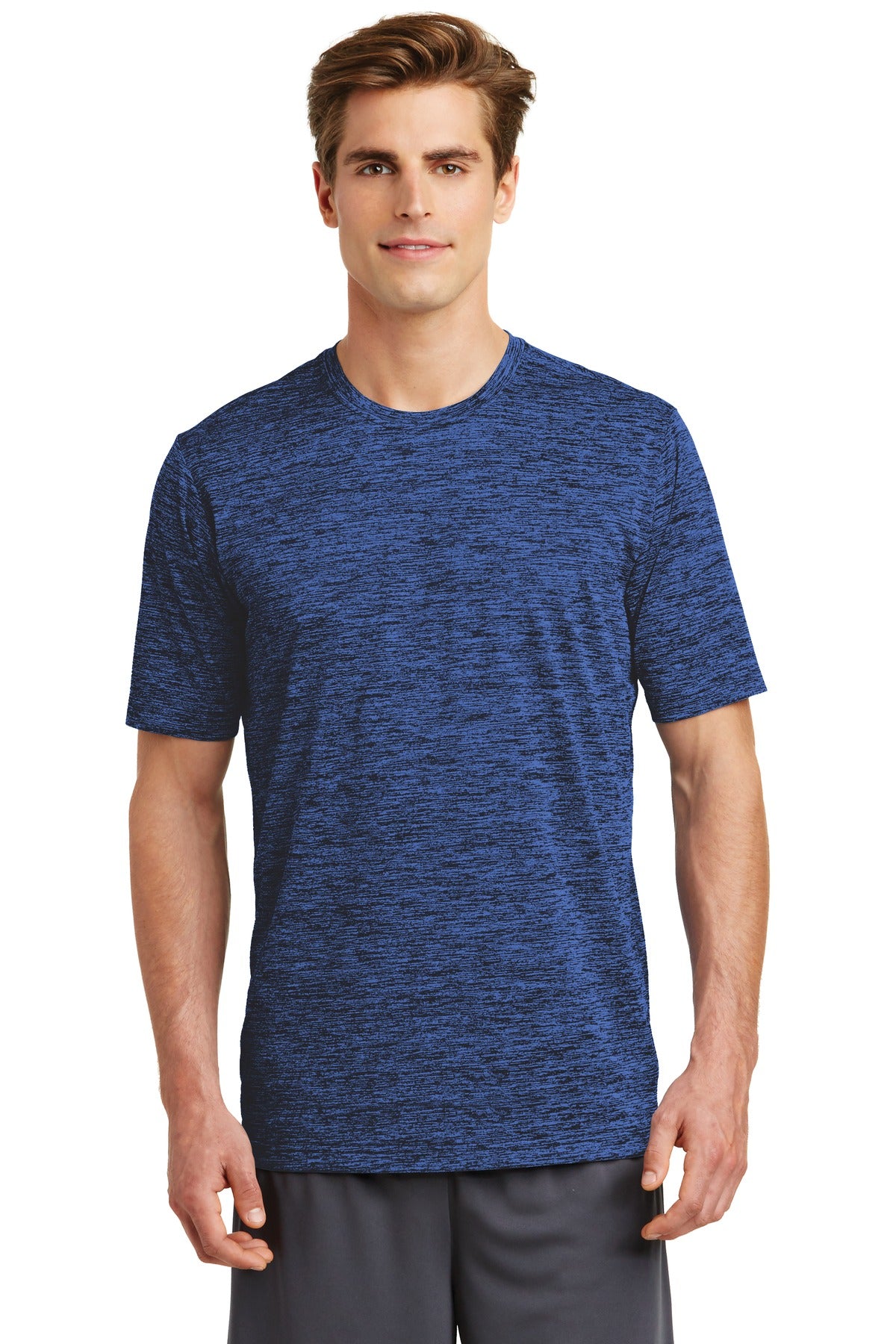 Front View of Dark Roy-Blk E Sport-Tek PosiCharge Electric Heather Tee. ST390