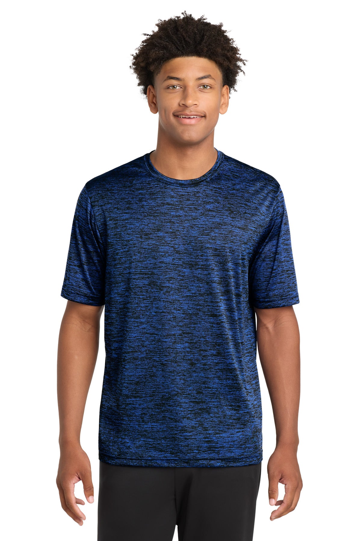 Front View of Dark Roy-Blk E Sport-Tek PosiCharge Electric Heather Tee. ST390