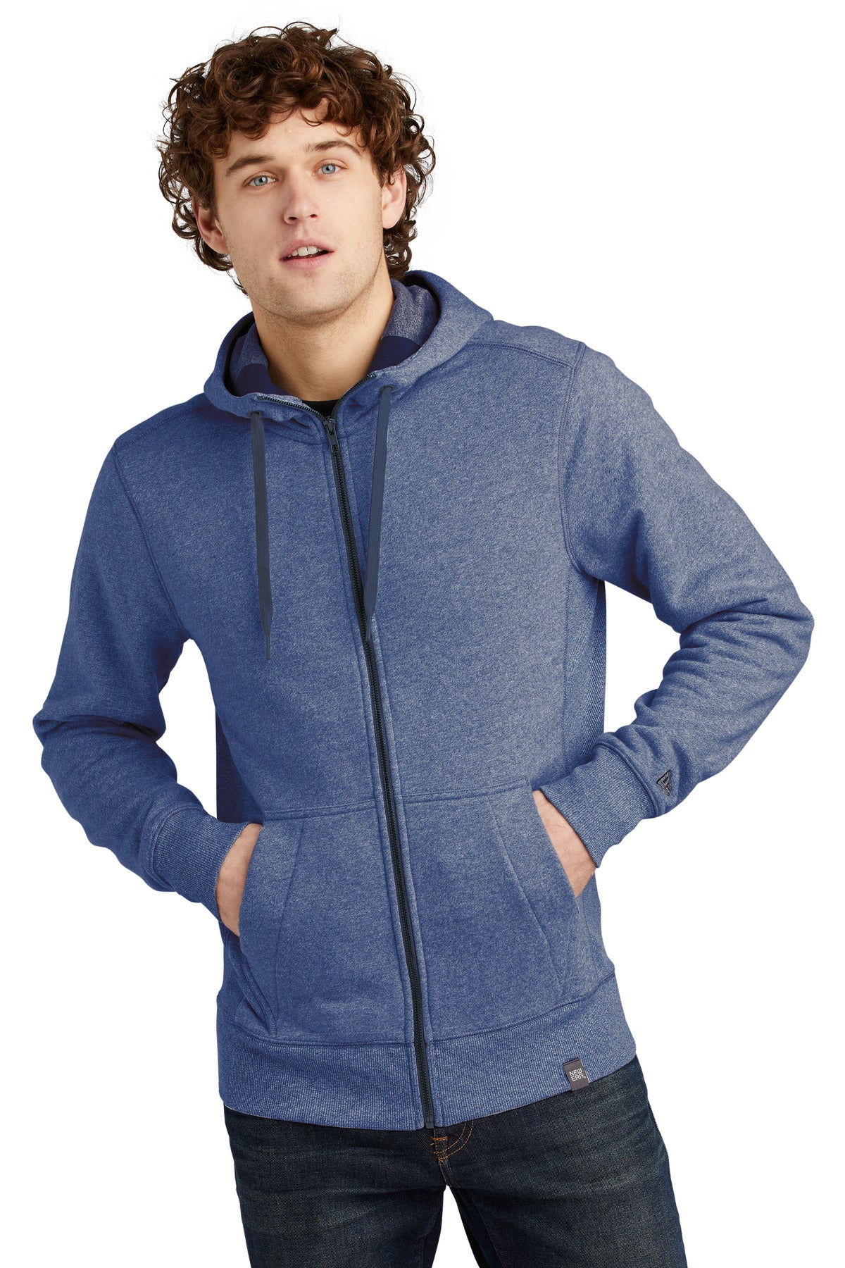 Front View of Dark Royal Twi New Era French Terry Full-Zip Hoodie. NEA502