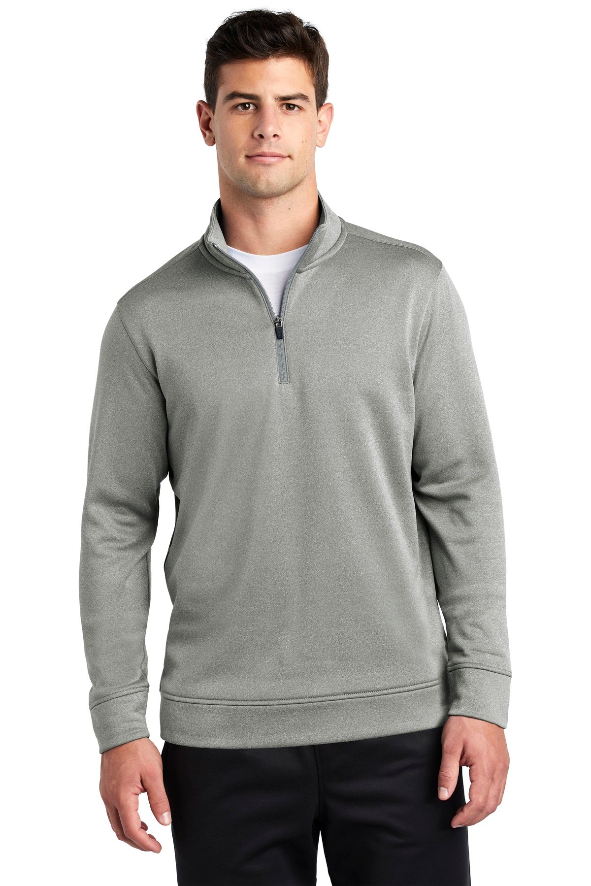 Front View of Dark Silver He Sport-Tek PosiCharge Sport-Wick Heather Fleece 1/4-Zip Pullover. ST263