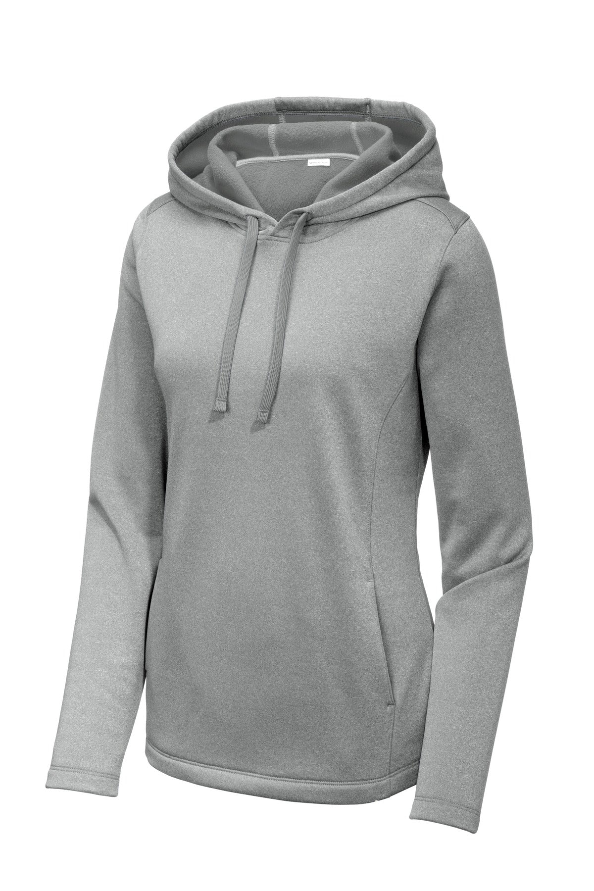 Front View of Dark Silver He Sport-Tek Women's PosiCharge Sport-Wick Heather Fleece Hooded Pullover. LST264