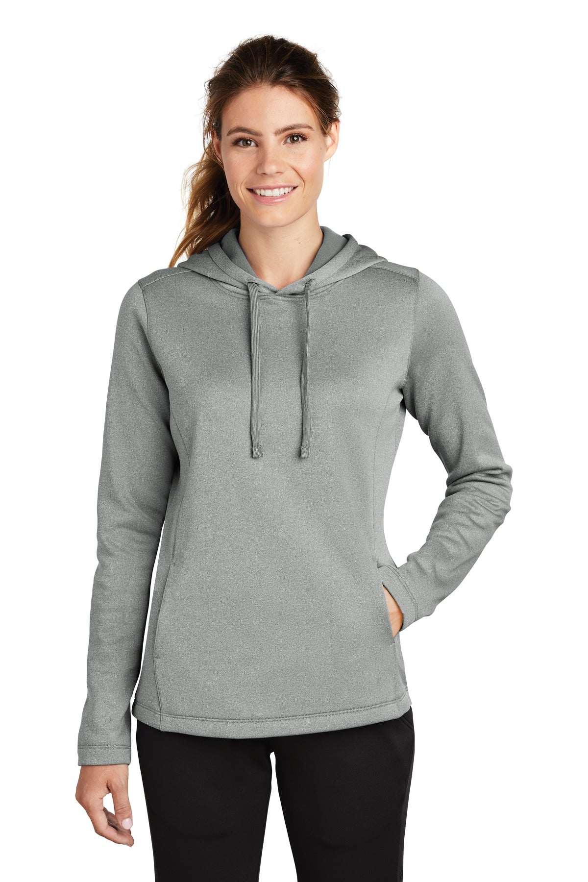 Front View of Dark Silver He Sport-Tek Women's PosiCharge Sport-Wick Heather Fleece Hooded Pullover. LST264