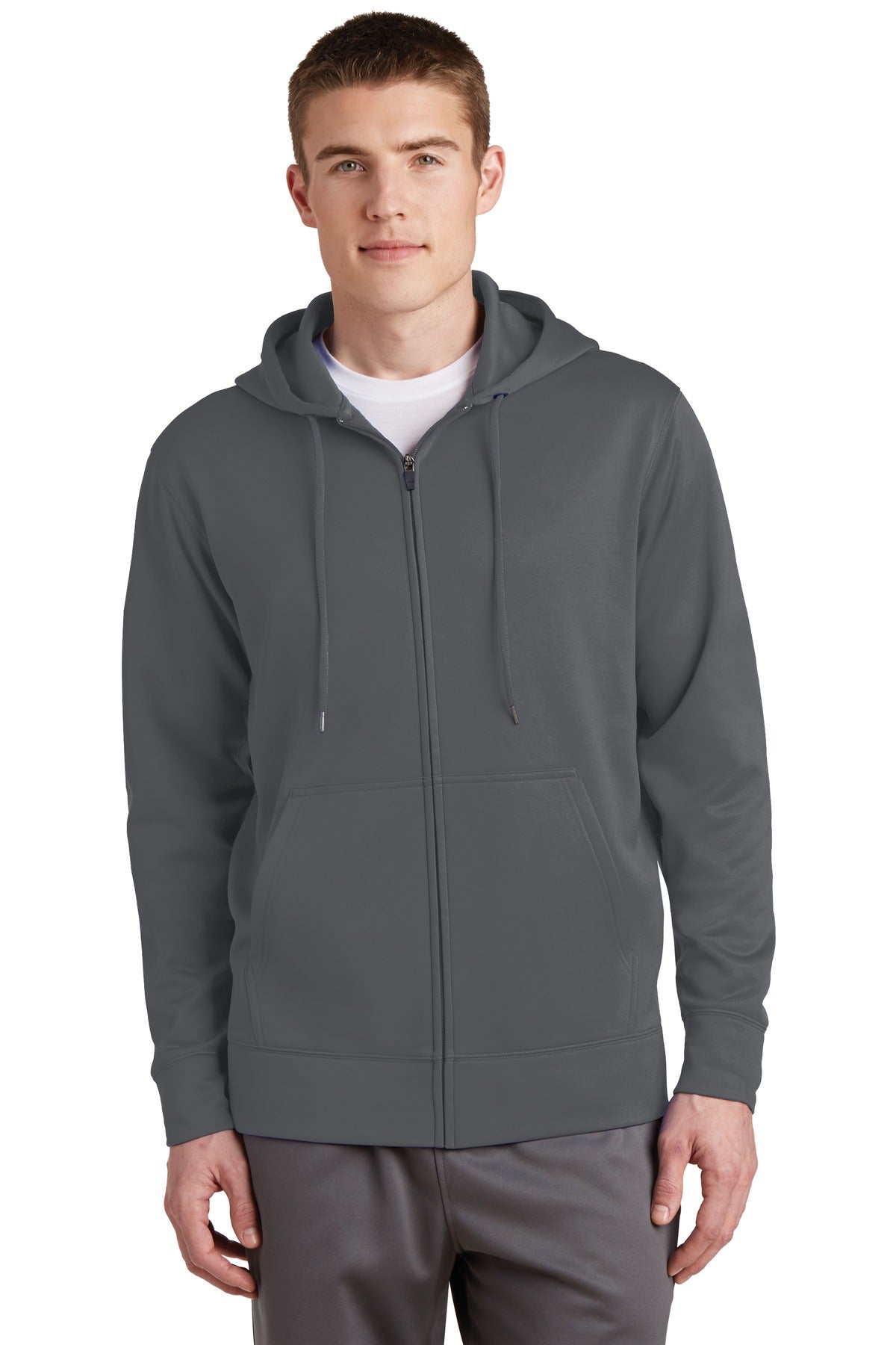 Front View of Dark Smk Grey Sport-Tek Sport-Wick Fleece Full-Zip Hooded Jacket. ST238
