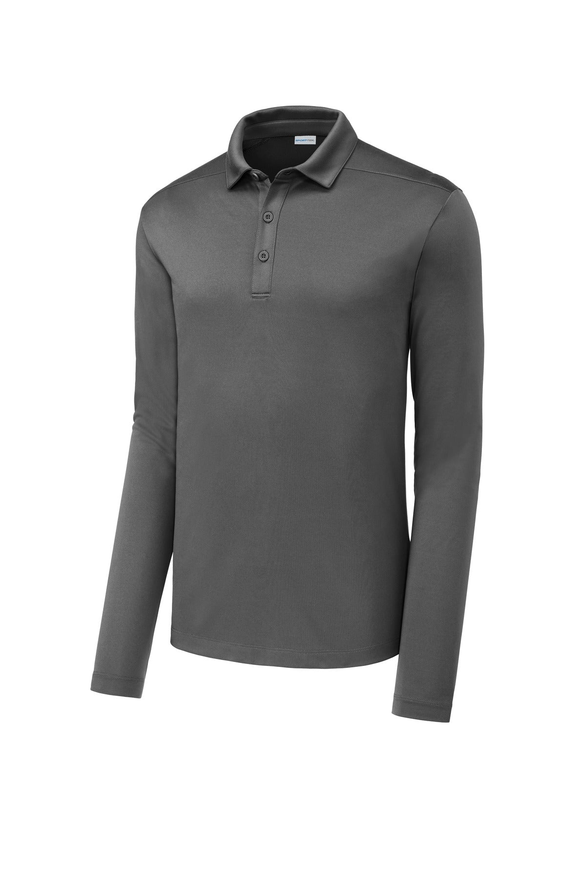 Front View of Dark Smoke Gry Sport-Tek Posi-UV Pro Long Sleeve Polo. ST520LS