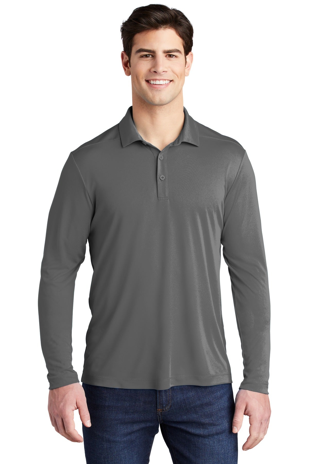 Front View of Dark Smoke Gry Sport-Tek Posi-UV Pro Long Sleeve Polo. ST520LS