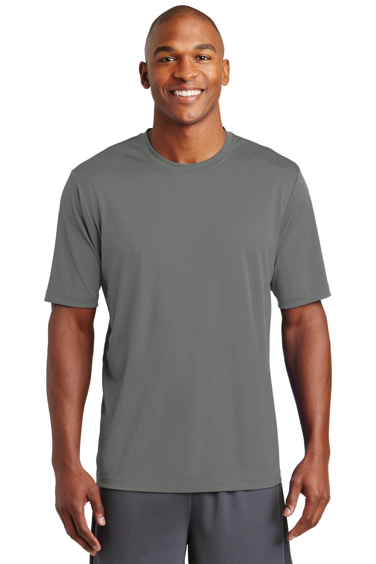 Front View of Dark Smoke Gry Sport-Tek PosiCharge Tough Tee . ST320