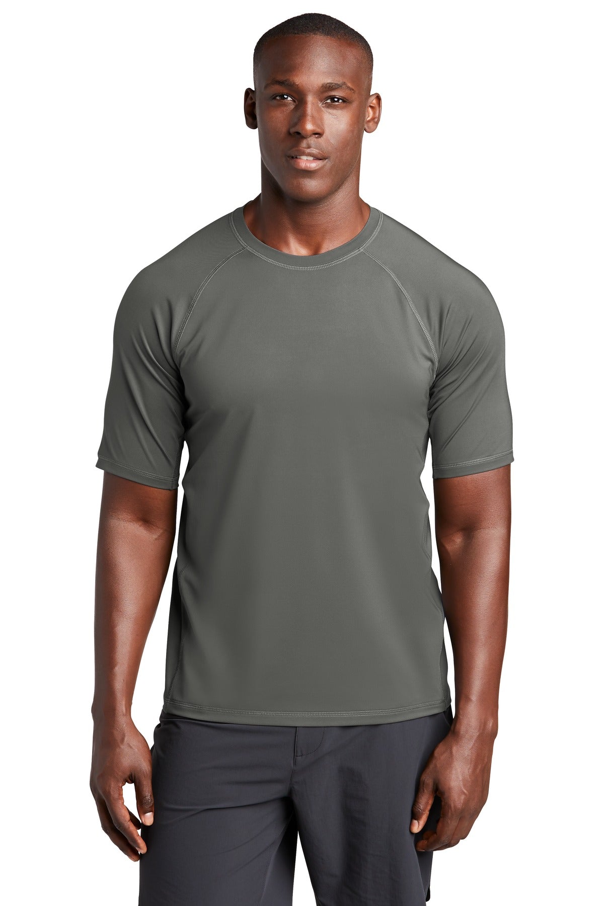 Front View of Dark Smoke Gry Sport-Tek Rashguard Tee. ST470