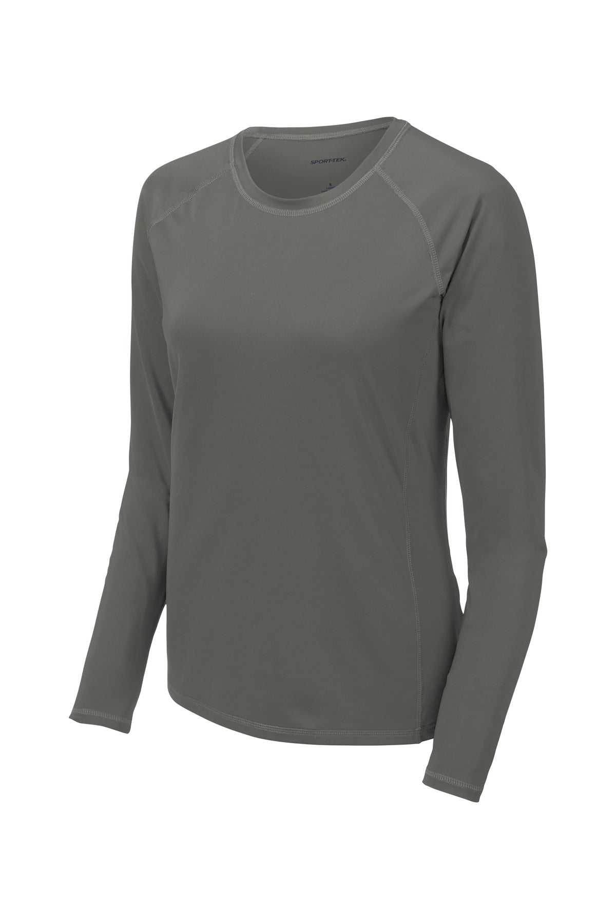 Front View of Dark Smoke Gry Sport-Tek Women's Long Sleeve Rashguard Tee. LST470LS