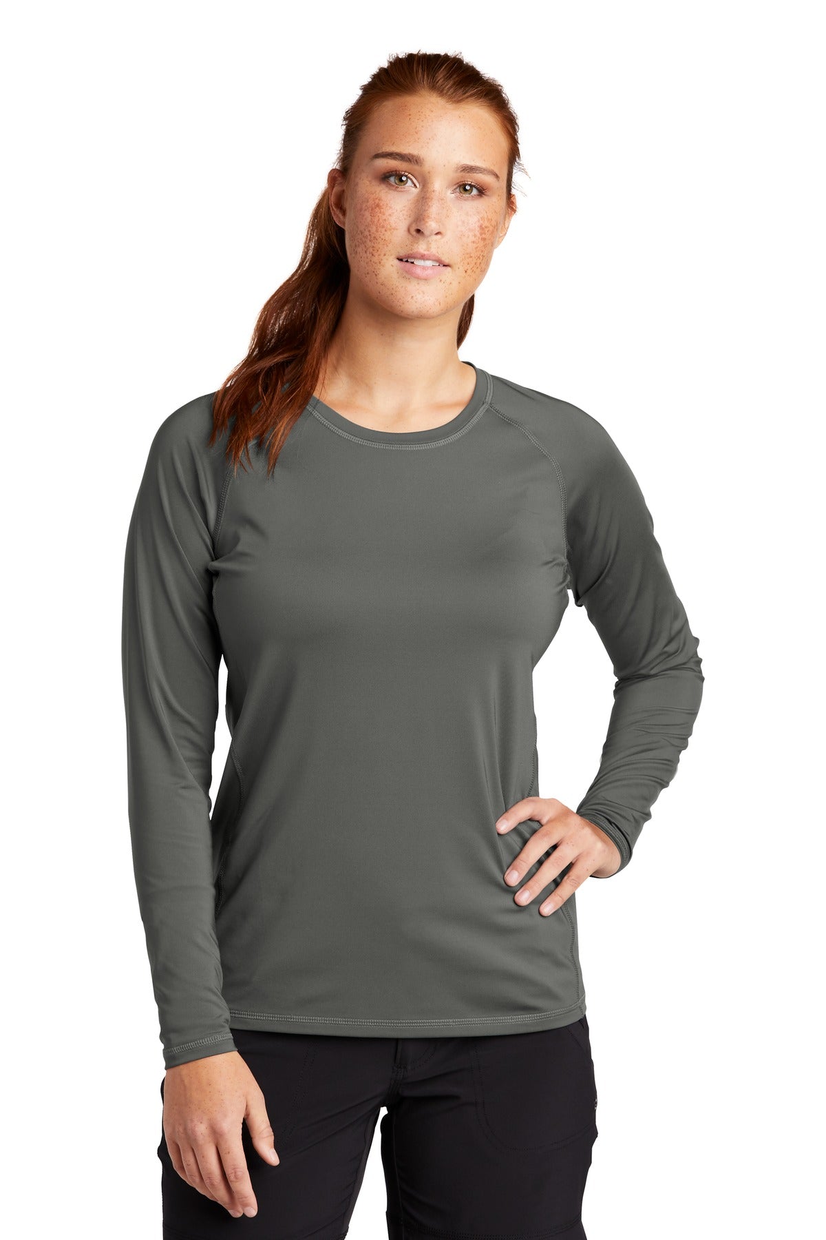 Front View of Dark Smoke Gry Sport-Tek Women's Long Sleeve Rashguard Tee. LST470LS
