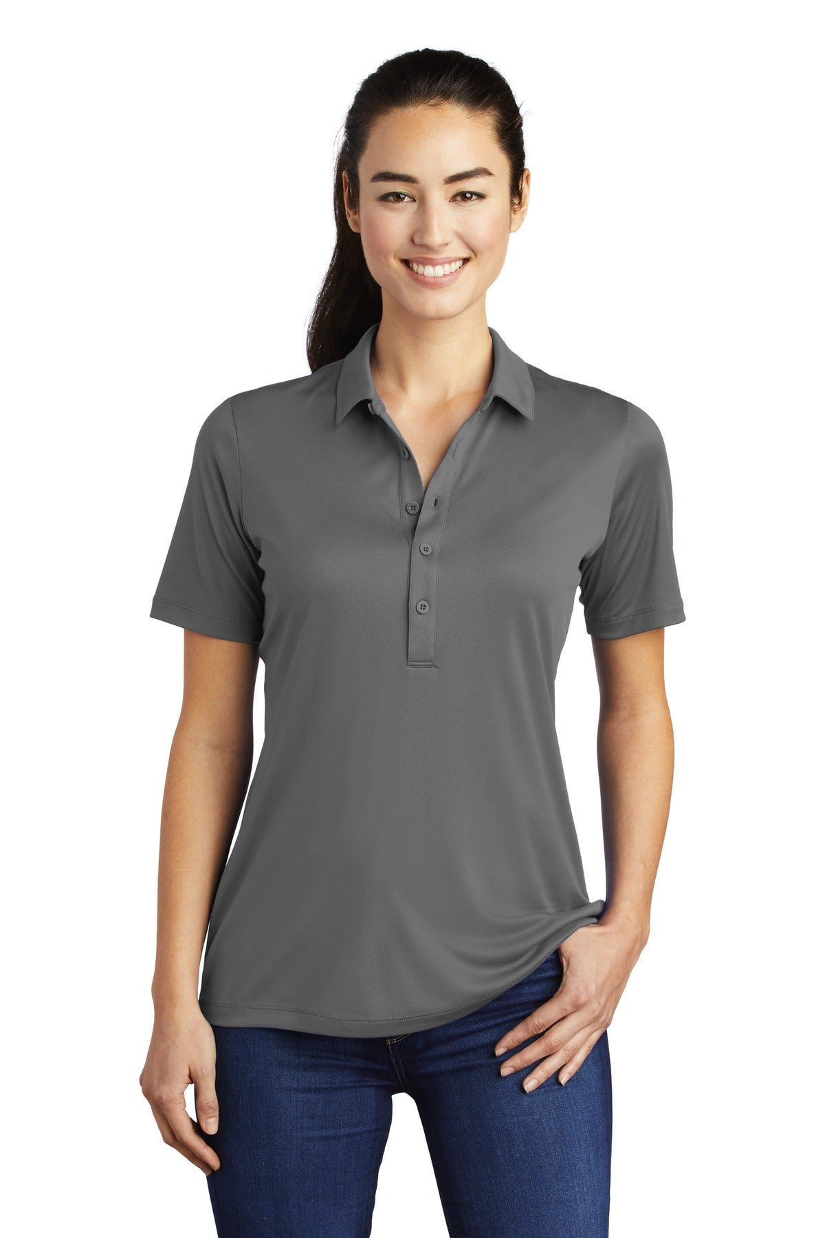 Front View of Dark Smoke Gry Sport-Tek Women's Posi-UV Pro Polo. LST520