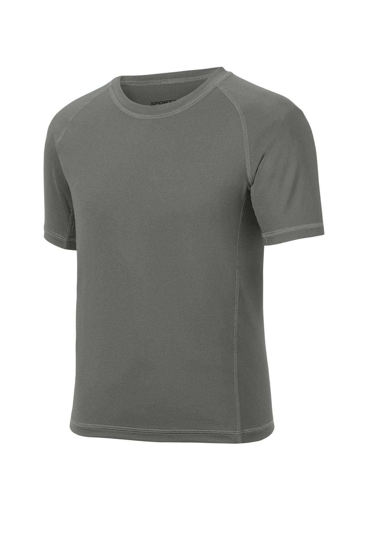 Front View of Dark Smoke Gry Sport-Tek Youth Rashguard Tee. YST470