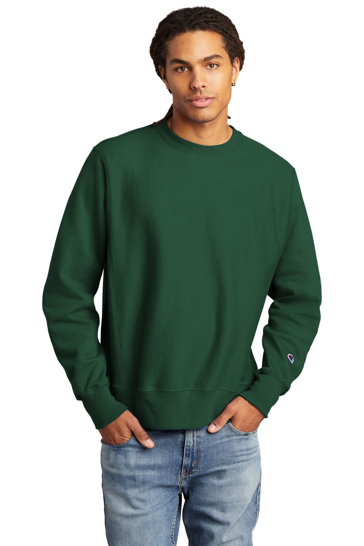 Front View of DarkGreen Champion Reverse Weave Crewneck Sweatshirt S149