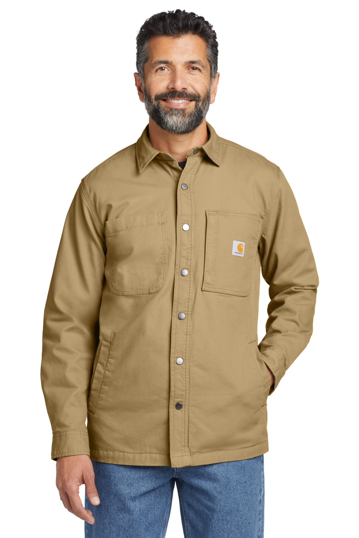 Front View of DarkKhaki Carhartt Rugged Flex Fleece-Lined Shirt Jac CT105532