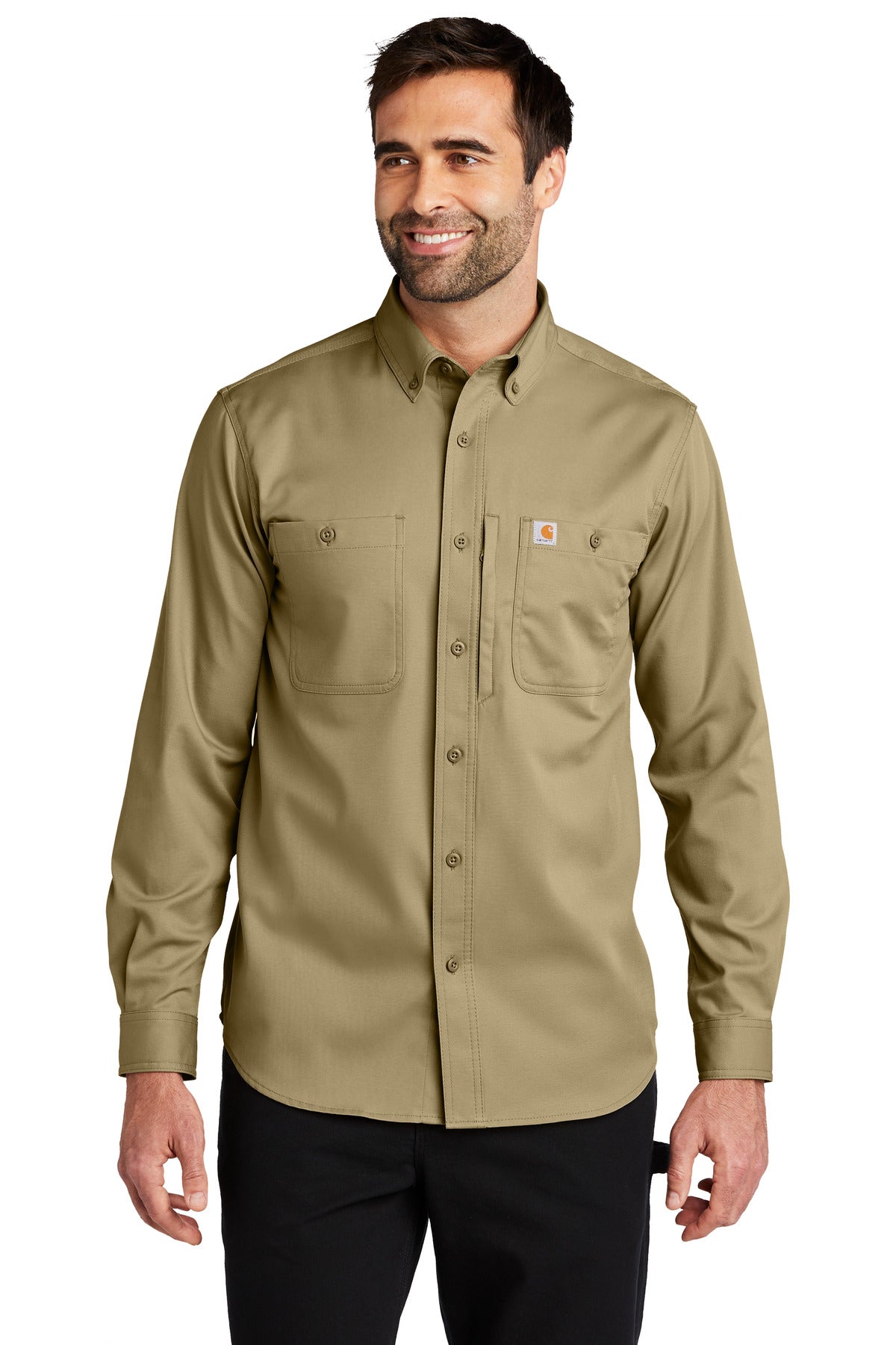 Front View of DarkKhaki Carhartt Rugged Professional Series Long Sleeve Shirt CT106689
