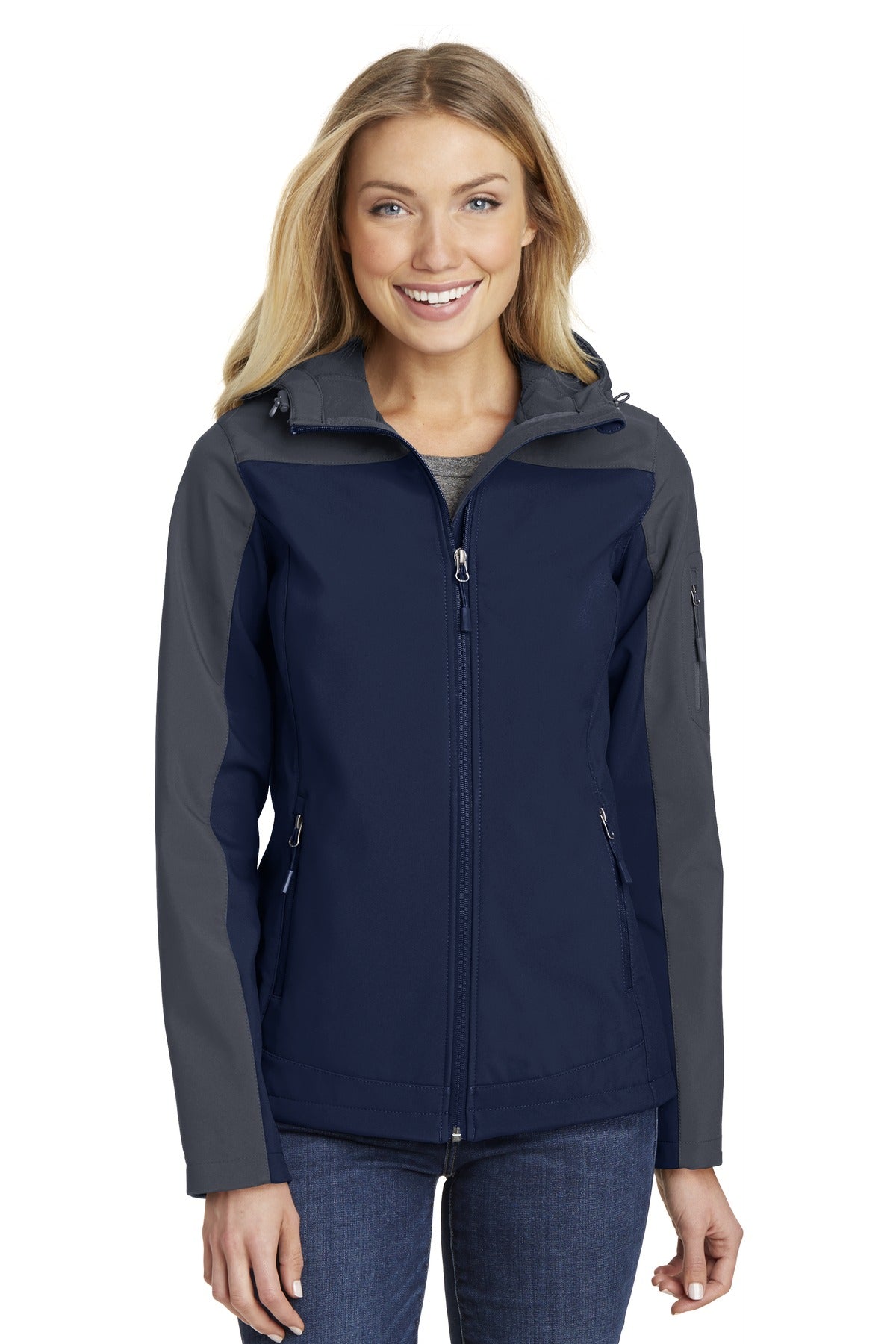 Front View of DB Nvy/Bat Gry Port Authority Women's Hooded Core Soft Shell Jacket. L335