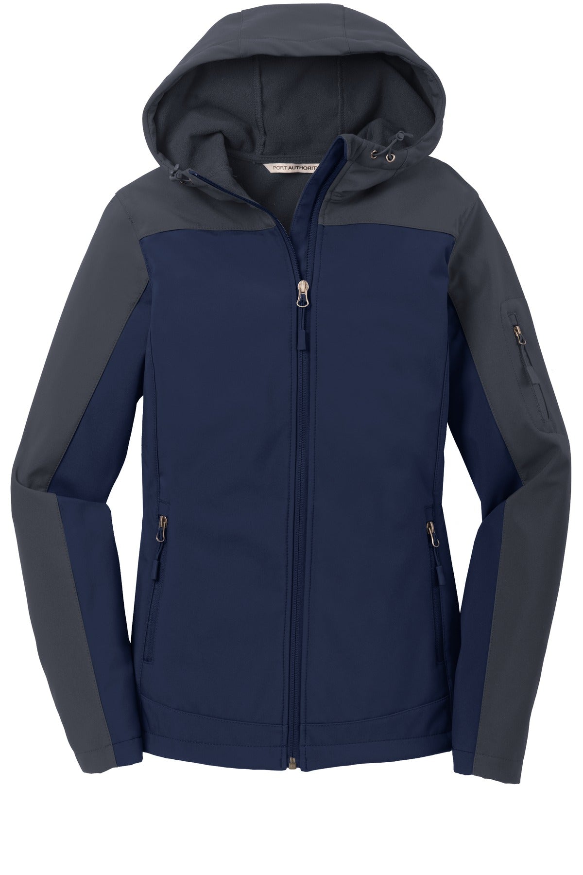 Front View of DB Nvy/Bat Gry Port Authority Women's Hooded Core Soft Shell Jacket. L335