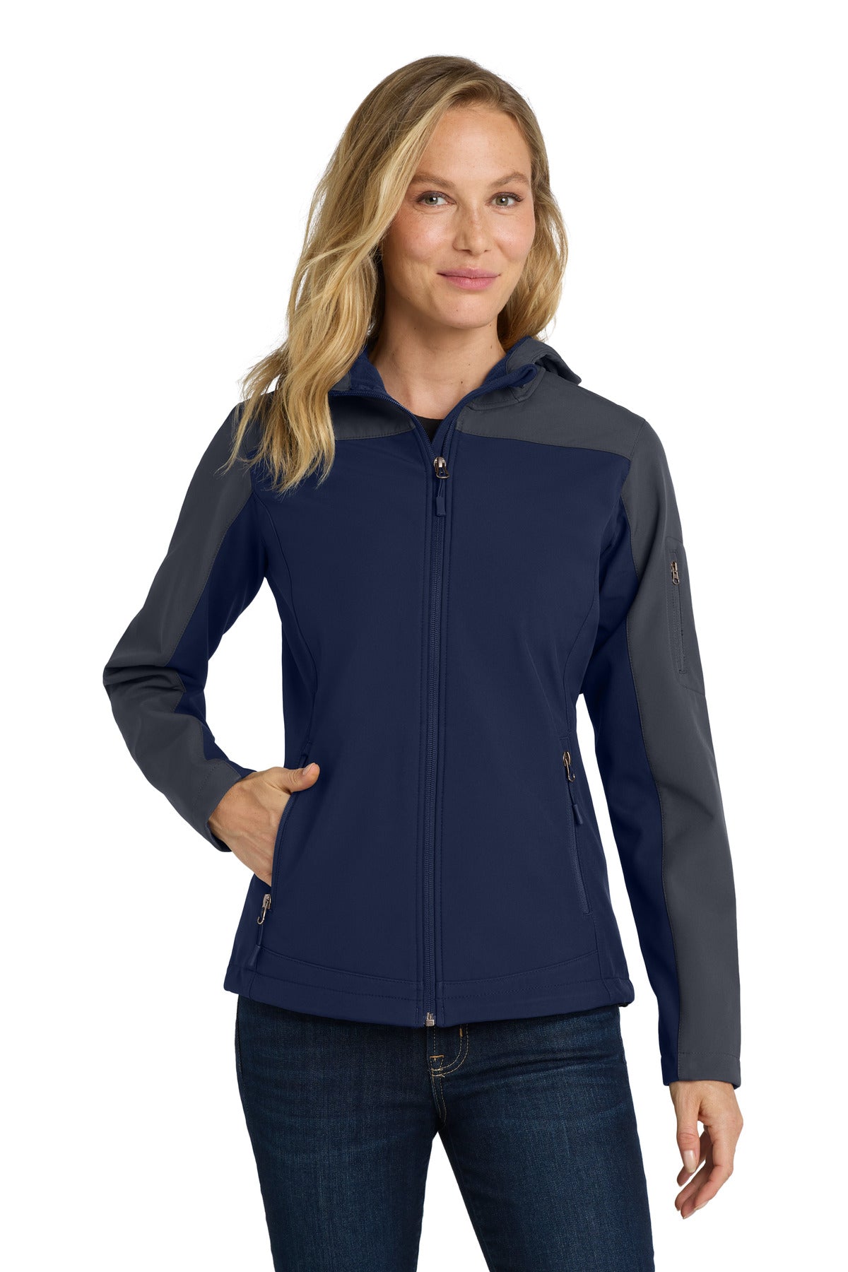 Front View of DB Nvy/Bat Gry Port Authority Women's Hooded Core Soft Shell Jacket. L335