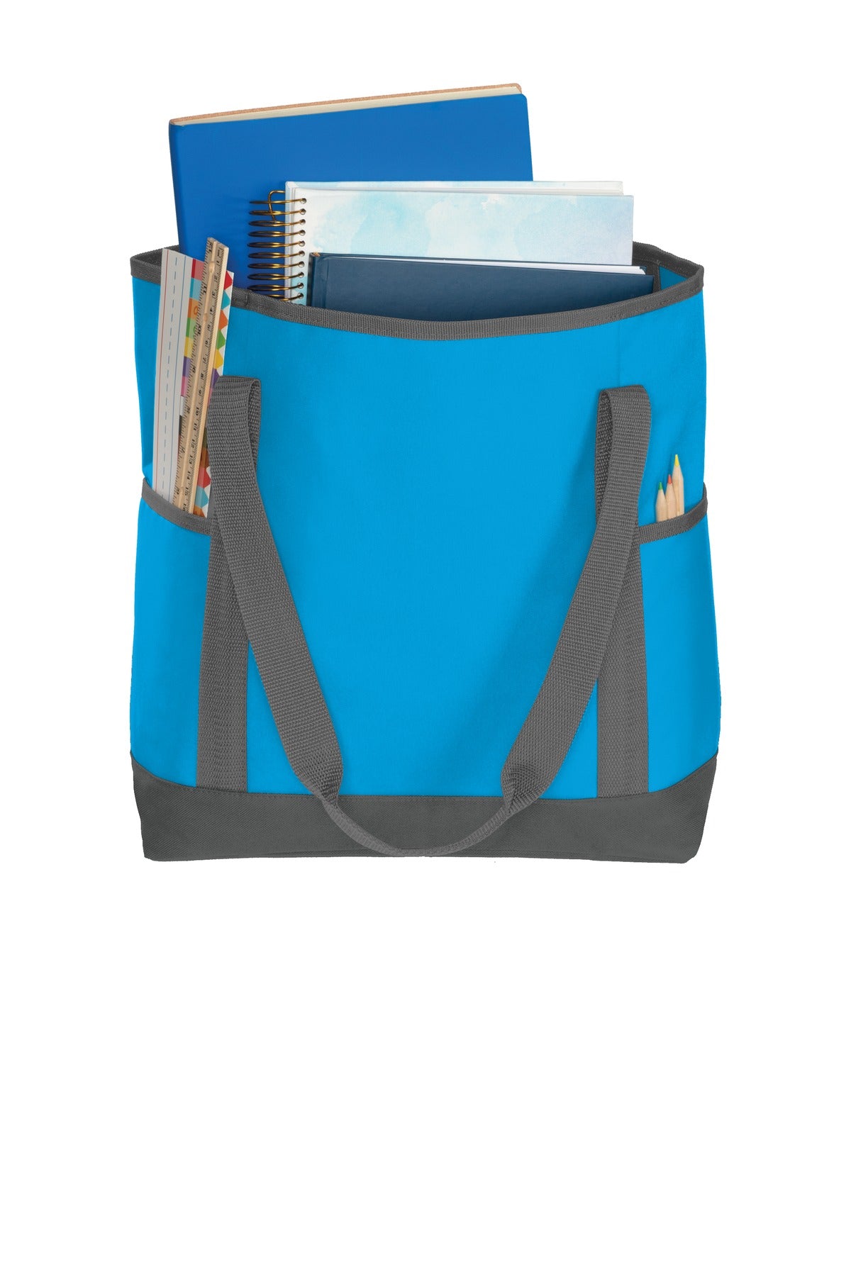 Front View of Deep Aqu/Dk Ch Port Authority On-The-Go Tote. BG411