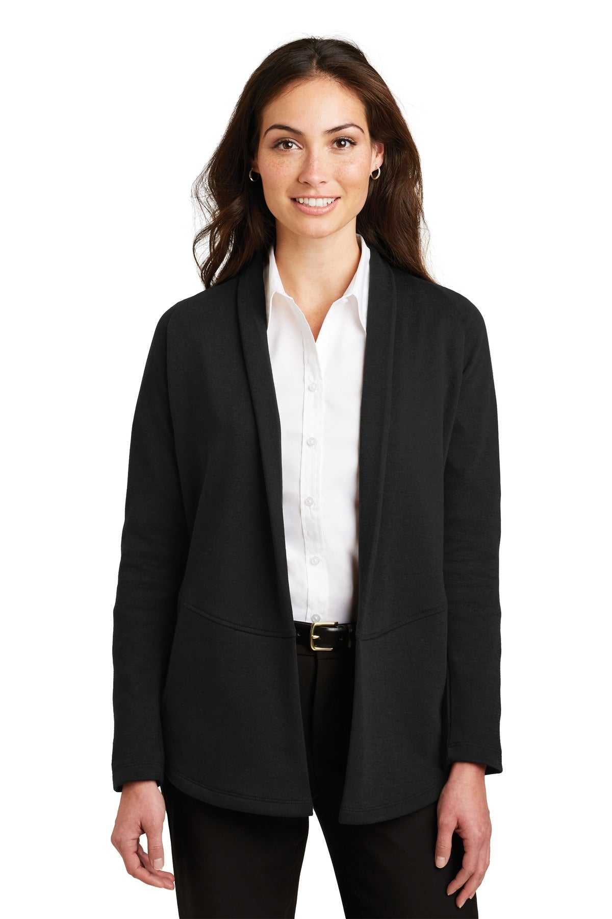 Front View of Deep Bk/Cha He Port Authority Women's Interlock Cardigan. L807