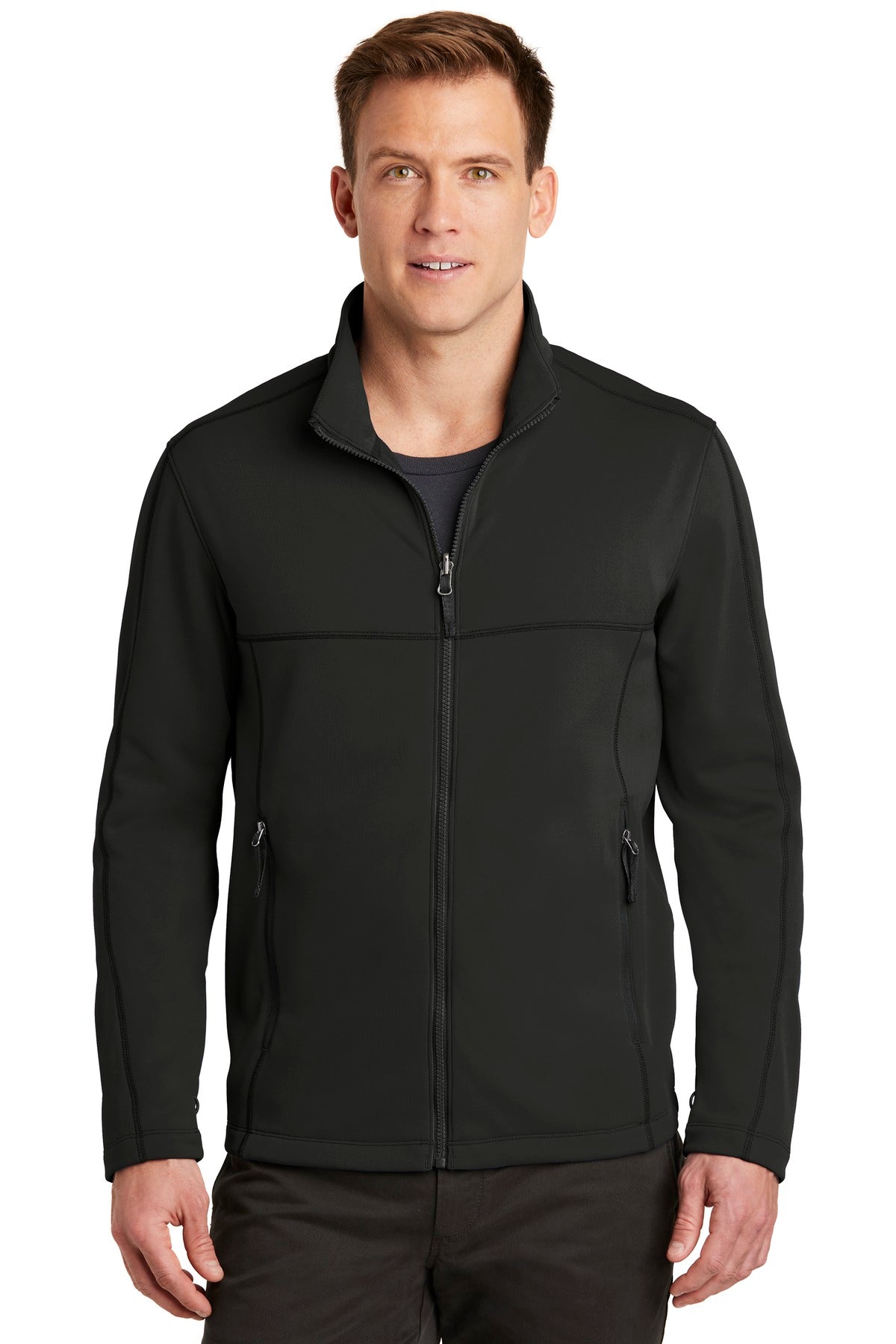 Front View of Deep Black Port Authority Collective Smooth Fleece Jacket. F904