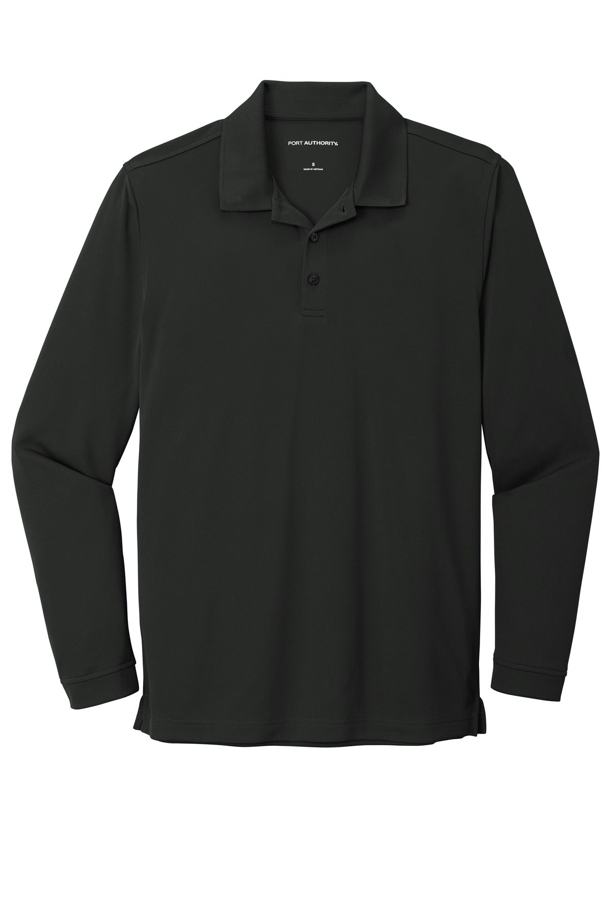 Front View of Deep Black Port Authority Dry Zone UV Micro-Mesh Long Sleeve Polo K110LS