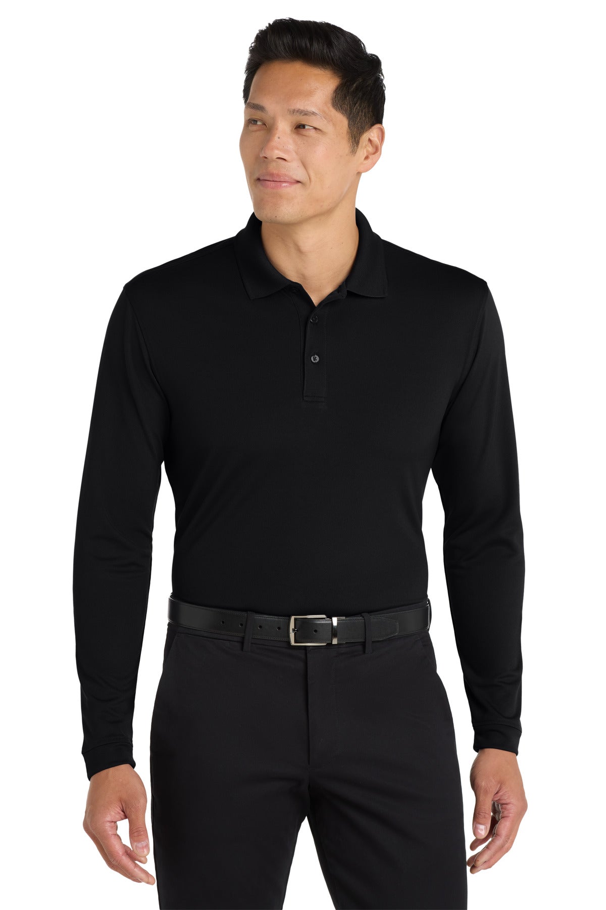 Front View of Deep Black Port Authority Dry Zone UV Micro-Mesh Long Sleeve Polo K110LS