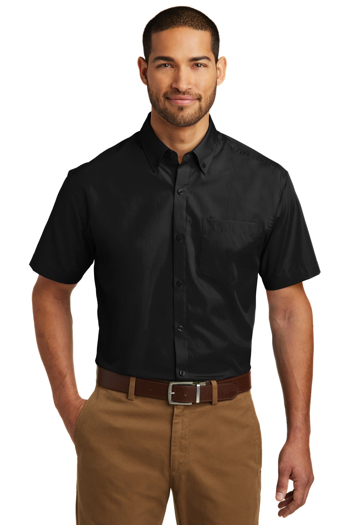 Front View of Deep Black Port Authority Short Sleeve Carefree Poplin Shirt. W101