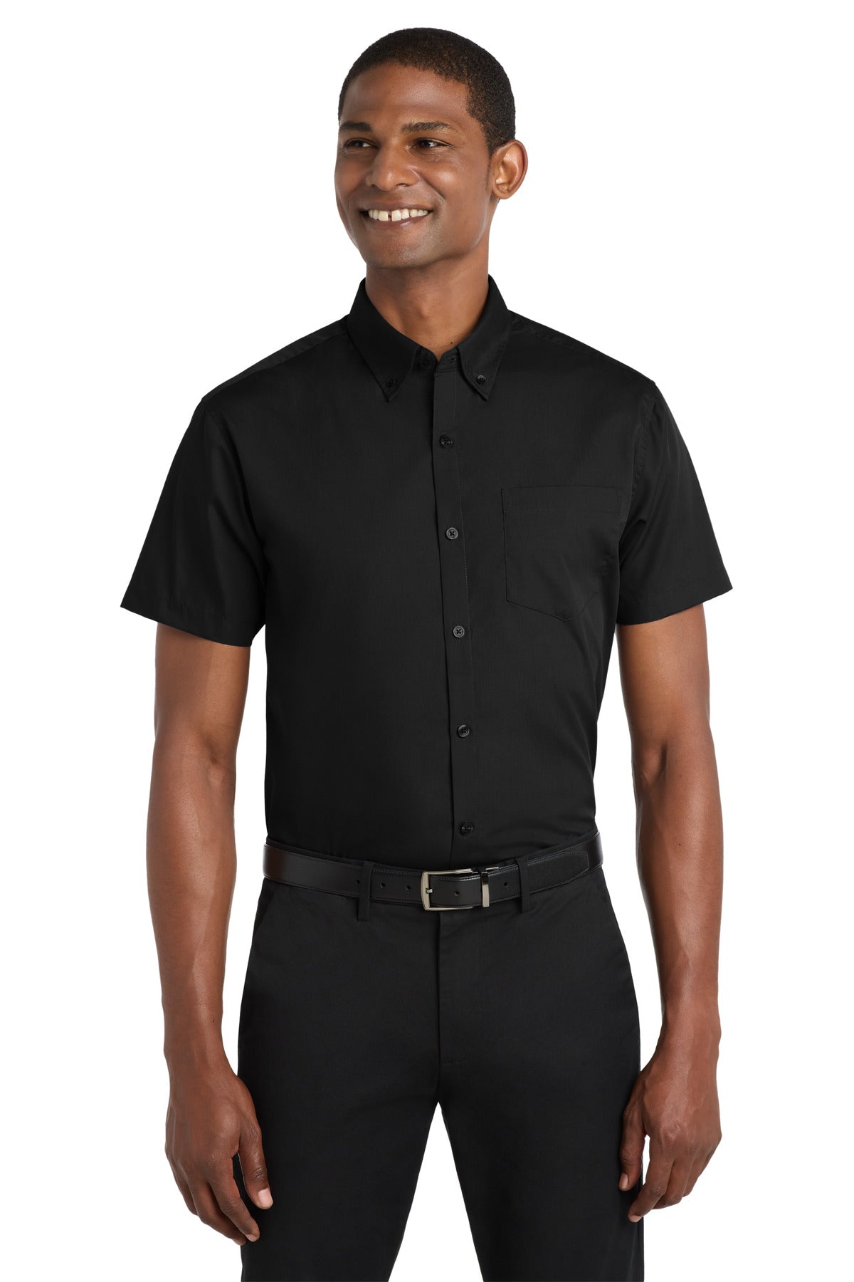 Front View of Deep Black Port Authority Short Sleeve Carefree Poplin Shirt. W101