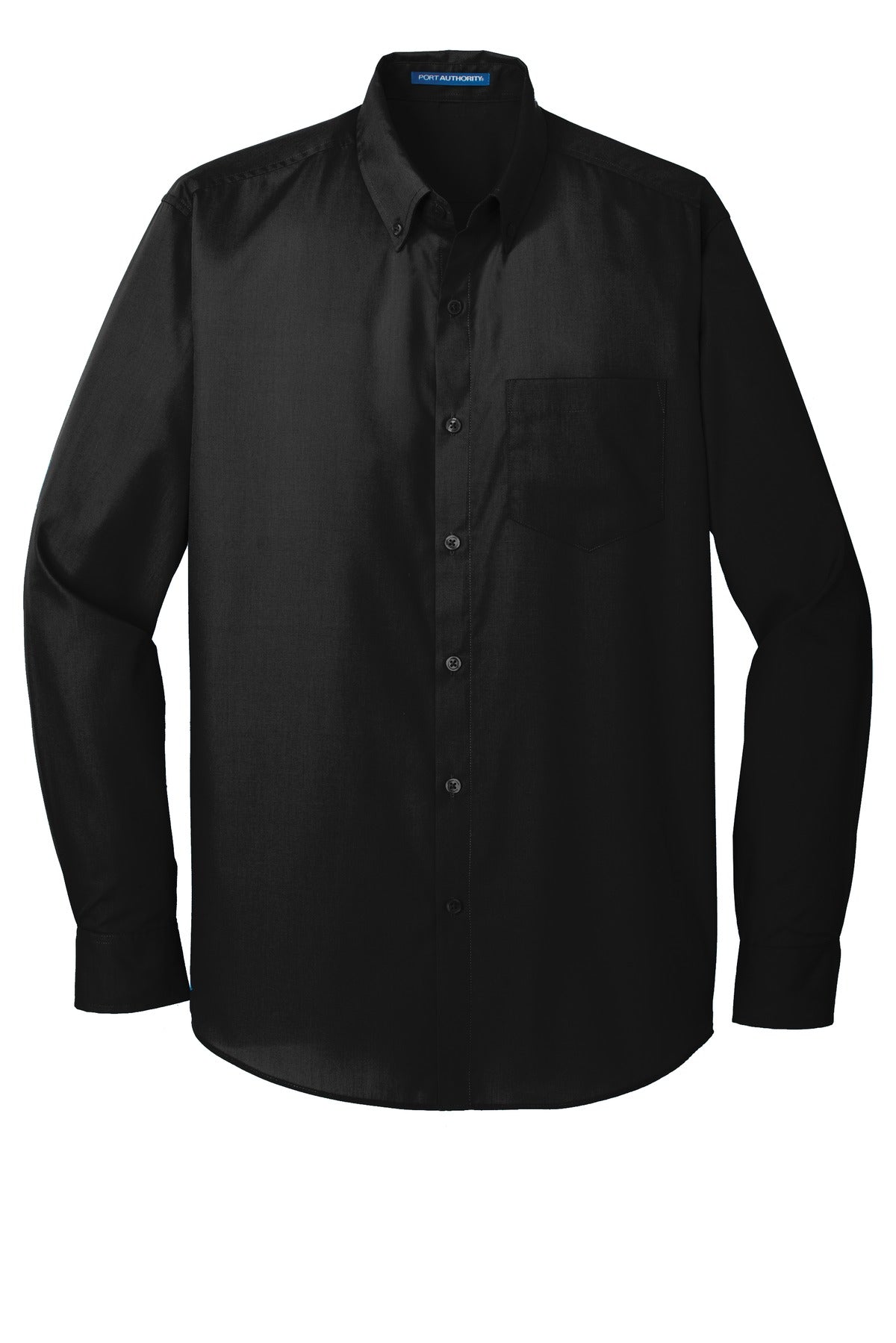 Front View of Deep Black Port Authority Tall Long Sleeve Carefree Poplin Shirt. TW100