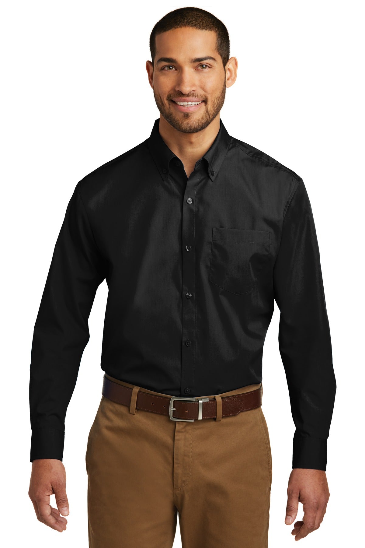 Front View of Deep Black Port Authority Tall Long Sleeve Carefree Poplin Shirt. TW100