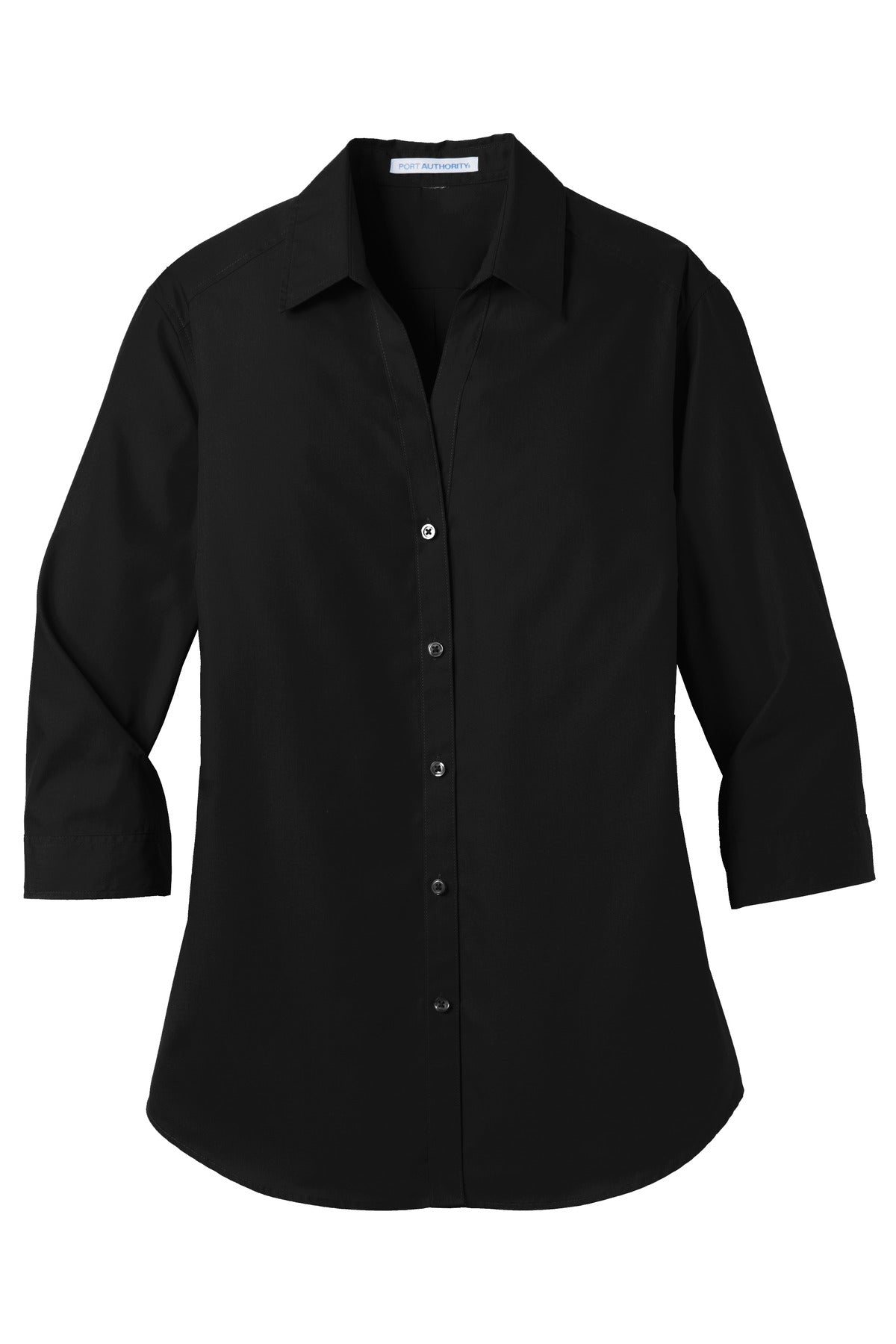 Front View of Deep Black Port Authority Women's 3/4-Sleeve Carefree Poplin Shirt. LW102