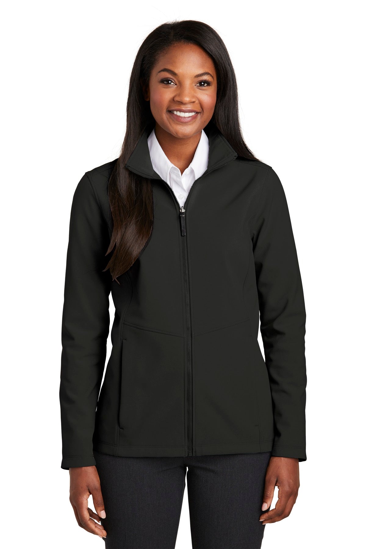 Front View of Deep Black Port Authority Women's Collective Soft Shell Jacket. L901