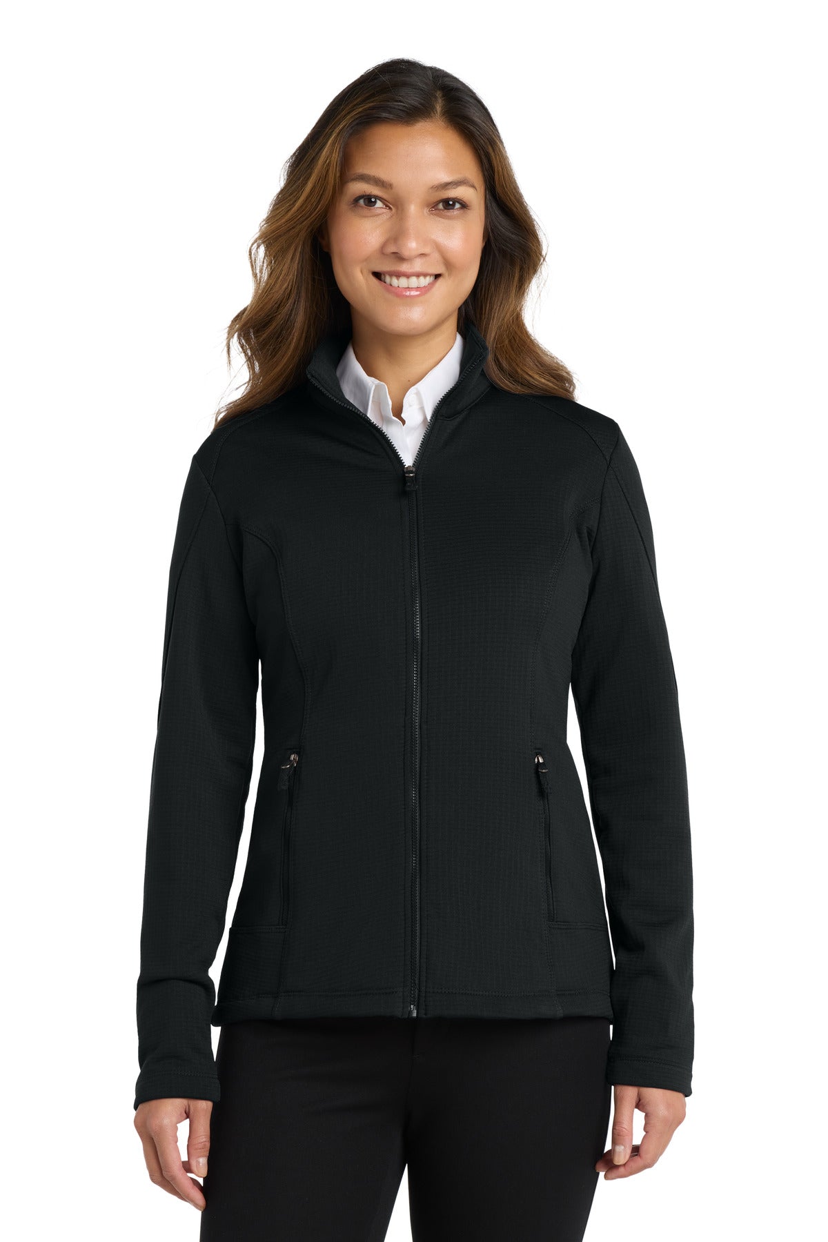 Front View of Deep Black Port Authority Women's Grid Fleece Jacket. L239
