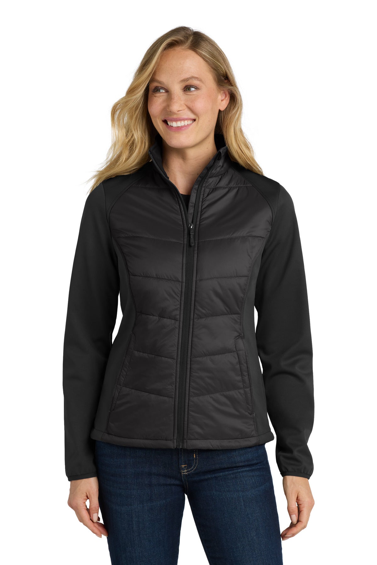 Front View of Deep Black Port Authority Women's Hybrid Soft Shell Jacket. L787