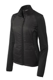 Front View of Deep Black Port Authority Women's Hybrid Soft Shell Jacket. L787