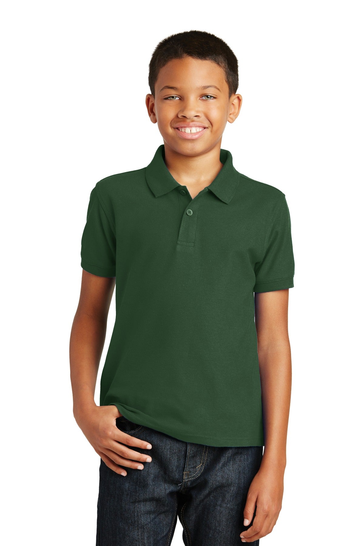 Front View of Deep For Green Port Authority Youth Core Classic Pique Polo. Y100